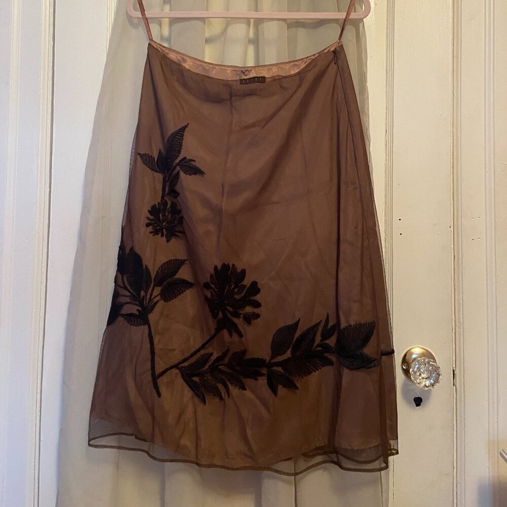Coast brown midi skirt with black floral design, size 12